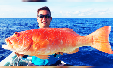 Bottom fishing at Tioman, Malaysia. Coral trout (ang gao) caught using jig at coral reef spot.